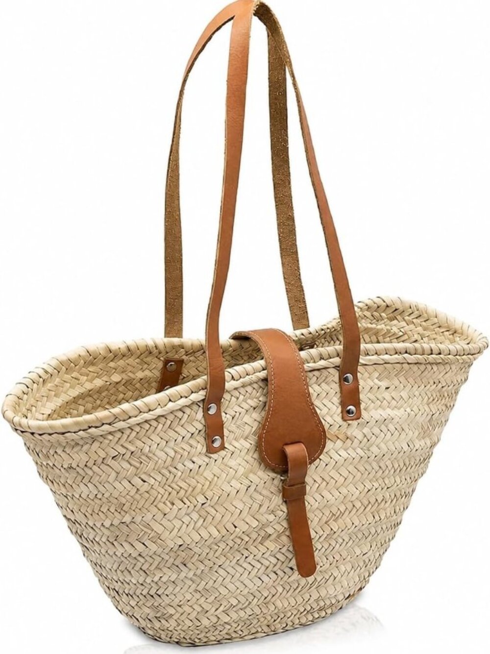 Stylish Straw Beach Tote Bag with Leather Handles & Canvas Pouch - Summer